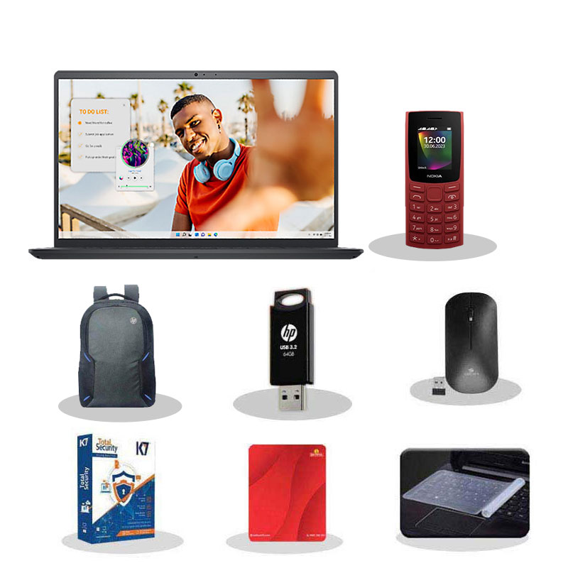 Picture of Dell Inspiron 15 - AMD Ryzen 5 7520U 15.6" (39.62cm) Thin & Light Laptop (8GB/ 512GB SSD/ Full HD Display/ Windows 11 Home/ MS Office 2021/ AMD Radeon Graphics/ 1 Year Warranty/ Carbon Black/ 1.63 kg) with Nokia 106 Keypad Phone + Laptop Bag + K7 Antivirus + Wireless Mouse + Mouse Pad+ Pendrive + Laptop Key Skin